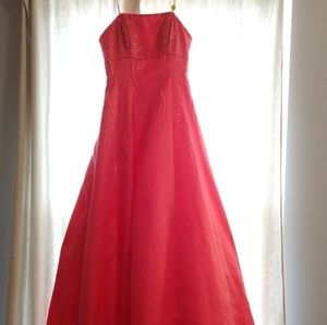 Coral beaded strapless lace up prom dress
